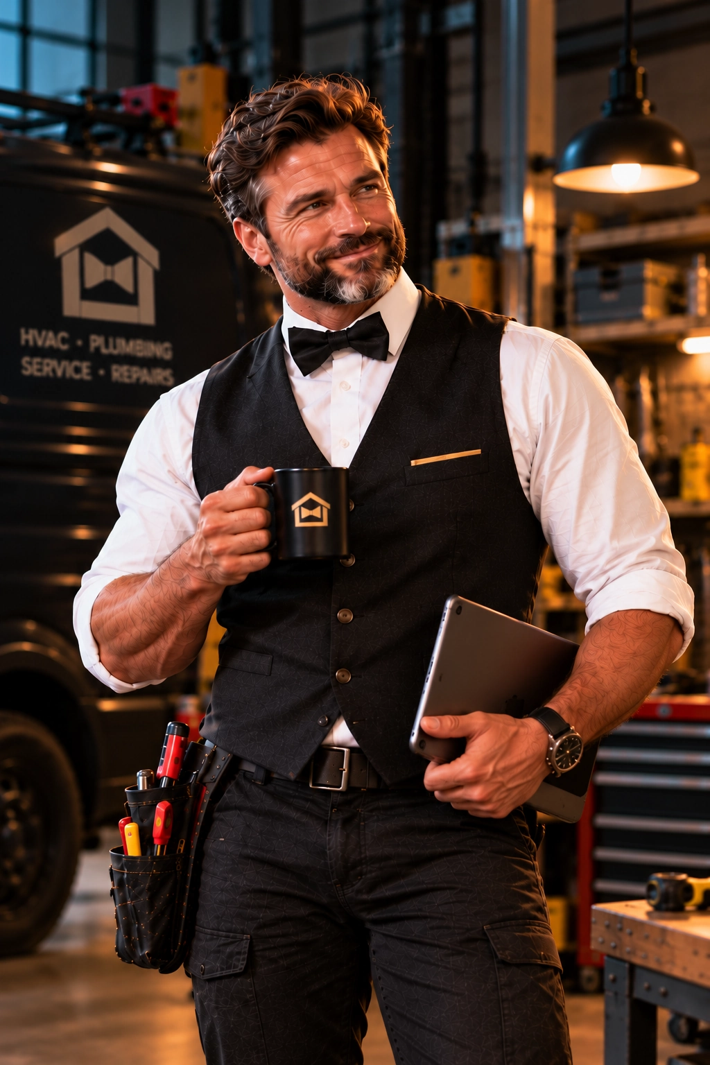 Butler holding a tablet and coffee in a trades workshop